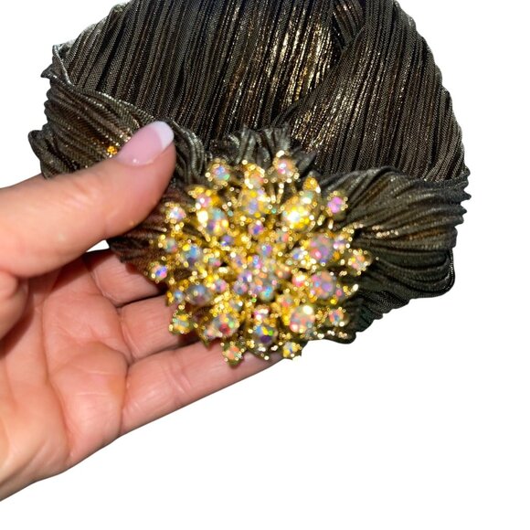 Gather Top Vintage Womens Turban Hat One Size Gold Crystal Head Wrap Pleated - Picture 3 of 7